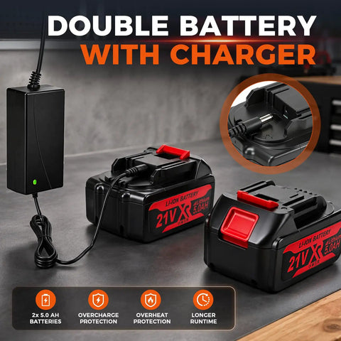 Badass Brushless Cordless Angle Grinder 5 Inch Battery Powered Heavy Duty Cutting Tool featuring double 21V 5.0Ah batteries with charger.