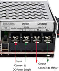 7-80V PWM DC Motor Speed Controller Switch 30A with connection ports labeled for input and output, adjustable knob visible.