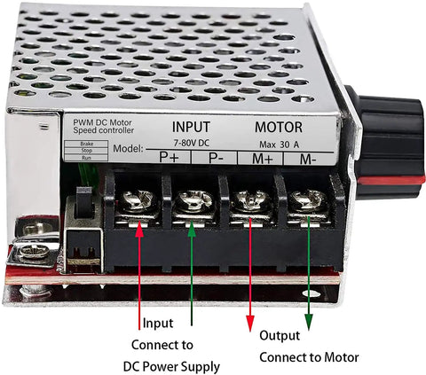 7-80V PWM DC Motor Speed Controller Switch 30A with connection ports labeled for input and output, adjustable knob visible.