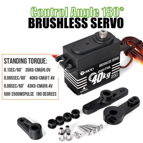 Beefy High Torque 40Kg Brushless Digital Waterproof RC Servo with accessories for crawlers and trucks, 180-degree steering.