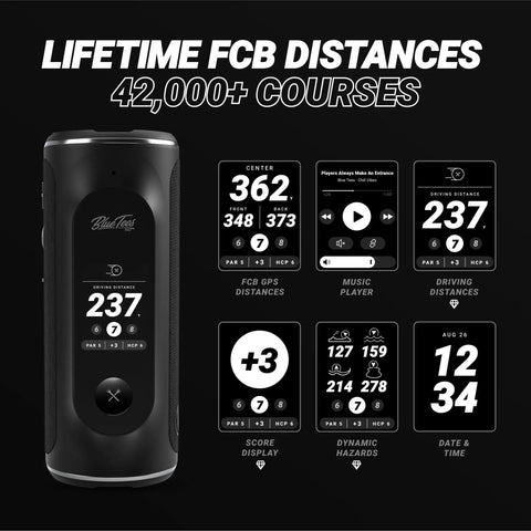 AI Powered Golf GPS Speaker With Touchscreen Display, 40,000 Courses, hazard and score visuals, Navy color device.