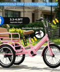 Pink three wheel kids bicycle for ages three to ten, tandem trike with passenger seat, dual brakes, 16 and 18 inch wheels