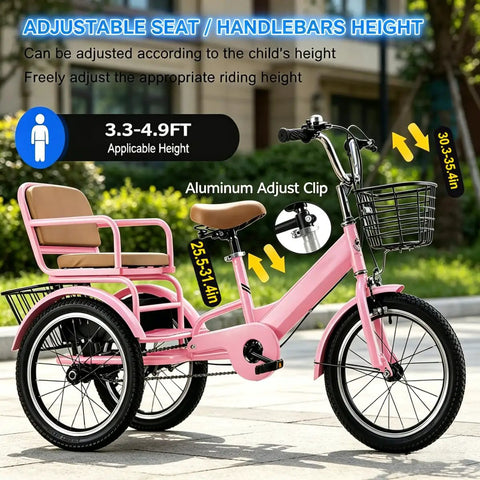 Pink three wheel kids bicycle for ages three to ten, tandem trike with passenger seat, dual brakes, 16 and 18 inch wheels