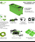 Bolt Energy USA 51.2V 105Ah 5.376kWh LiFePO4 battery kit with charger, meter, and accessories displayed together.
