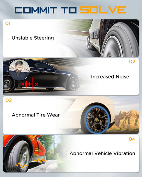 Infographic showing issues like unstable steering, increased noise, abnormal tire wear, and abnormal vehicle vibration.