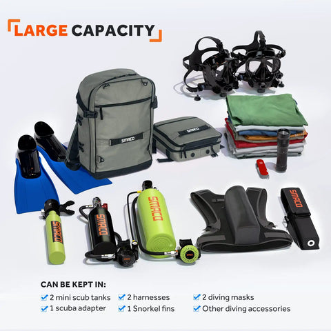 Scuba Diving Backpack With Detachable Small Bag For Travel Holds Mini Scuba Tanks, Mask, Snorkel, Fins, and more dry dive gear.