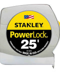 Power Return Tape Measure 25 Ft With Locking Blade That Prevents Creeping, Tru Zero Hook Doubles As Pivot For Circles And Arcs, 1 Inch Wide Chrome ABS Yellow Case, 16 Inch And 19.2 Inch Stud Center Markings, Three Rivet Construction, shown with chrome case and branding