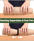 Hands demonstrating rotating separation of 4 Inch Biodegradable Peat Pots Set Of 50 With Bonus 20 Plant Labels for gardening.