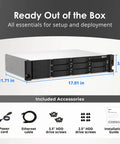 8 Bay Rackmount Nas Powerhouse Featuring Amd Ryzen Embedded V1500b Processor For Rock Solid Multitasking and Blazing Fast Cross Device File Sharing With Dual 2 5 Gbe Networking And Pcie Slots and included accessories.