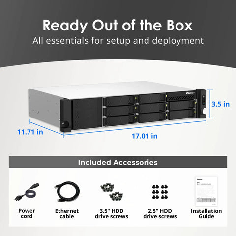 8 Bay Rackmount Nas Powerhouse Featuring Amd Ryzen Embedded V1500b Processor For Rock Solid Multitasking and Blazing Fast Cross Device File Sharing With Dual 2 5 Gbe Networking And Pcie Slots and included accessories.
