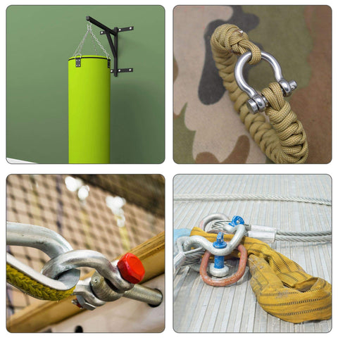 Collage with 14 Pcs Clevis Shackle Set Five Sixteenth Inch Screw Pin Bow D Ring Shackles Stainless Steel 304 in use