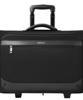 Front view of AUROTIER black rolling garment bag with retractable handle, front zip pocket and wheels.