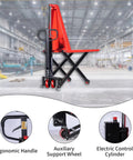 Heavy Duty Semi Electric Pallet Jack With Scissor Lift And 3300 Lbs Capacity For Easy Warehouse Moves Plus Charger Included side view with ergonomic handle and auxiliary support wheel
