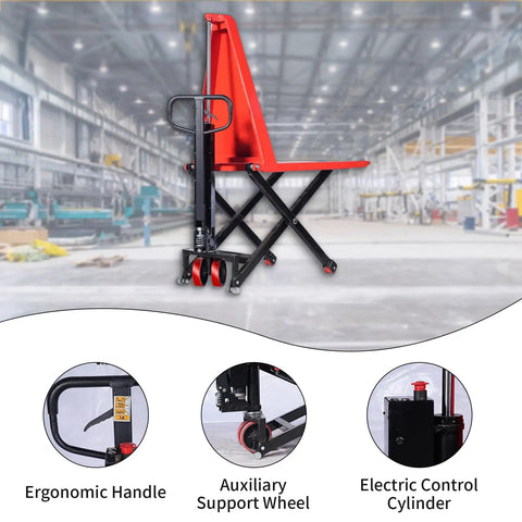 Heavy Duty Semi Electric Pallet Jack With Scissor Lift And 3300 Lbs Capacity For Easy Warehouse Moves Plus Charger Included side view with ergonomic handle and auxiliary support wheel
