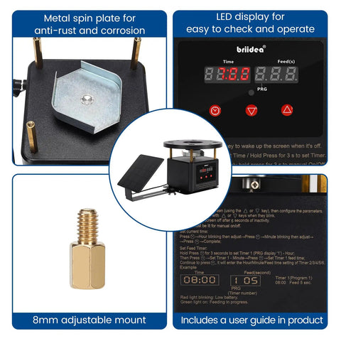 Set It Forget It Digital Auto Deer Feeder Timer Kit With Integrated Solar Panel showing LED display and metal spin plate.