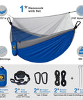Camping Hammock With Mosquito Net For Outdoor Travel Portable Lightweight Parachute Nylon Hammock With Tree Straps And D Shape Carabiners Breathable Mesh Net Backpacking Ready For Beach Backyard Patio Hiking, shown with accessories including straps, carabiners, ropes, and pegs.