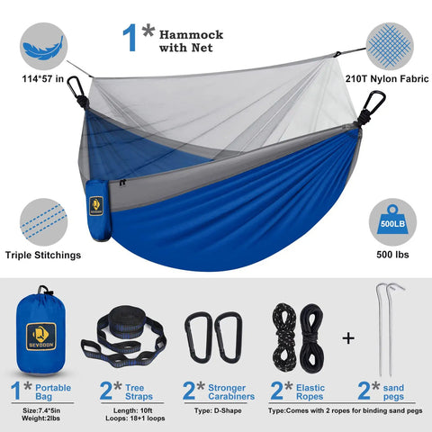 Camping Hammock With Mosquito Net For Outdoor Travel Portable Lightweight Parachute Nylon Hammock With Tree Straps And D Shape Carabiners Breathable Mesh Net Backpacking Ready For Beach Backyard Patio Hiking, shown with accessories including straps, carabiners, ropes, and pegs.