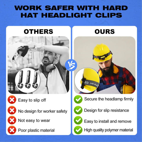 Comparison of hard hat headlight clips, highlighting secure headlamp fit with Hard Hat Light Clips 20 Pack For Headlamps Cap Style Helmet Mounts.