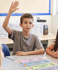 Students in classroom with Must Have 21 Spanish Language Geography Countries Placard Label Set For Classroom Learning on table.