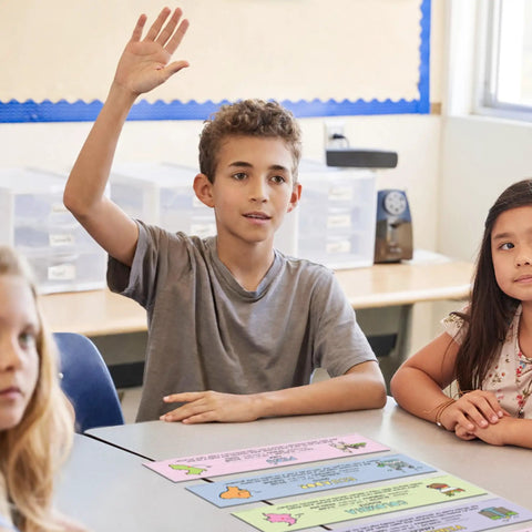 Students in classroom with Must Have 21 Spanish Language Geography Countries Placard Label Set For Classroom Learning on table.