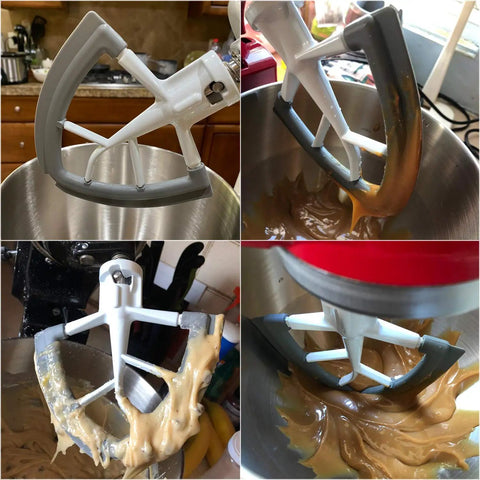Flex Edge Beater Attachment for Tilt Head Mixers, 4.5-5 Quart Nonstick Metal Paddle With Scraper in mixing bowl.