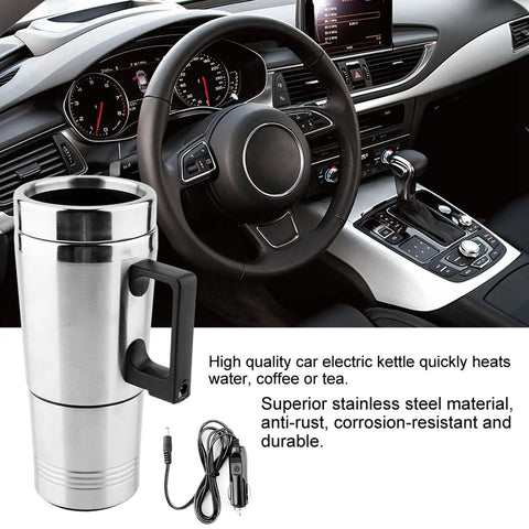 Road Trip Ready 12V Car Electric Kettle Heats Water Instantly Plugs Straight Into Cigarette Lighter Built Slim Enough For Tight Dash Slots in car interior.