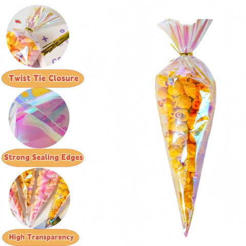 50 Pack Cone Shaped Clear Cellophane Treat Bags With Twist Ties Rainbow Color Party Favor Bags For Treats And Gifts