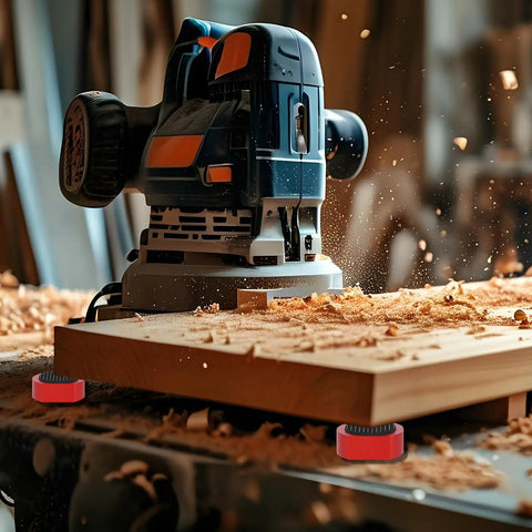 12 Pack Three Quarter Inch Bench Dogs For Woodworking Red Dog Hole Clamps holding a wooden board with power sander in use