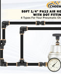 Beast Mode Heavy Duty 50 Foot One Quarter Inch Air Hose With Push To Connect Fittings Kit for Truck Trailer and Industrial Air Systems DOT Fittings