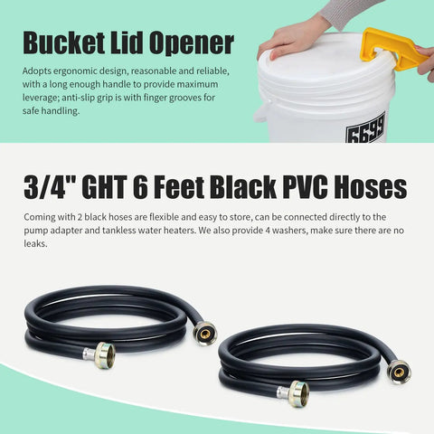 Tankless Water Heater Descaling Flush Kit With Inline Submersible Pump And Quick Connect Adapters Three Gallon Utility Bucket Plus Lengthy Black Hoses For No Sweat Maintenance And Reliable Performance showing two black PVC hoses.