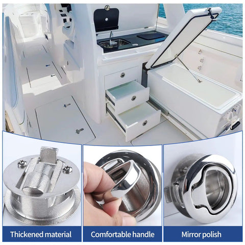 Boat interior with open hatches and drawers showing Two Pack Flush Mount Boat Hatch Latch Handle In 316 Stainless Steel.