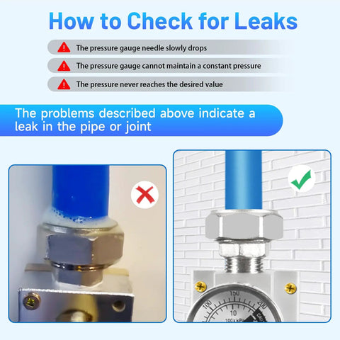 Infographic checking for leaks in Three Quarter Inch Garage Air Line Kit 200 Foot HDPE Aluminum Piping System With Tee And Elbow Fittings.