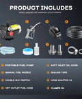 Heavy Duty 110V Electric Fuel Transfer Pump Kit With Self Priming Hose And Reversible Flow Great For Quick Gas Diesel Or Kerosene Swaps components shown.