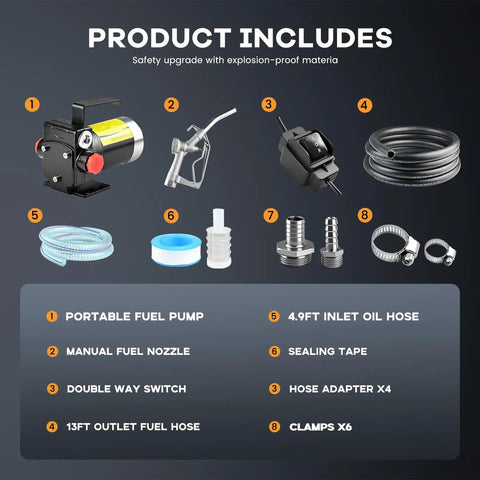 Heavy Duty 110V Electric Fuel Transfer Pump Kit With Self Priming Hose And Reversible Flow Great For Quick Gas Diesel Or Kerosene Swaps components shown.