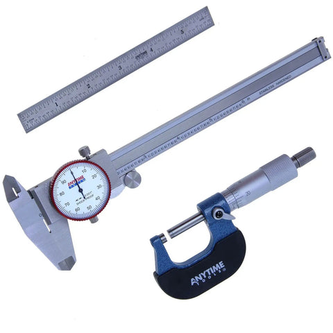 Dial Caliper Micrometer And Stainless Steel Ruler Tool Set For Machinists, Pro Grade Precision Inspection Kit With 0 To 6 Inch Caliper, 0 To 1 Inch Micrometer, Hardened Ruler, Molded Case, Great For Trade Shops displayed on white background