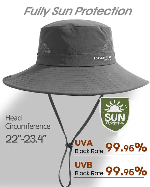Dark grey Men's Bucket Sun Hat With UPF Protection, wide brim, breathable mesh, adjustable strap, 22-23.4 head circumference