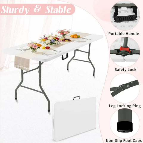 Six Foot Portable Folding Table With Steel Legs White Rectangle Top Fold In Half With Carry Handle Durable HDPE Surface Ideal For Grab And Go Parties Weddings Camping Picnics Indoor Outdoor Events Setup In Seconds