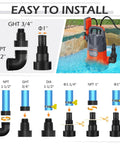 Diagram showing installation of 1HP Submersible Sump Pump With Float For Clean And Dirty Water 4500 GPH Portable Electric Water Transfer Pump