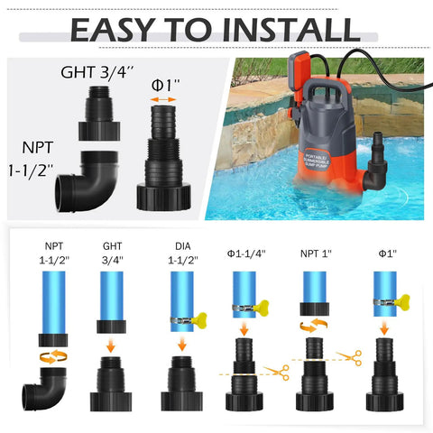 Diagram showing installation of 1HP Submersible Sump Pump With Float For Clean And Dirty Water 4500 GPH Portable Electric Water Transfer Pump
