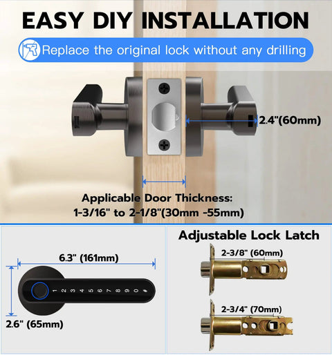 Diagram showing Fingerprint Door Lock With Keypad And App Control, No Key Needed Keyless Entry Smart Lock dimensions and installation.