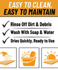 Outdoor Bullnose Stair Treads Heavy Duty Non Slip Mats cleaning instructions with icons for rinsing, washing, and drying.