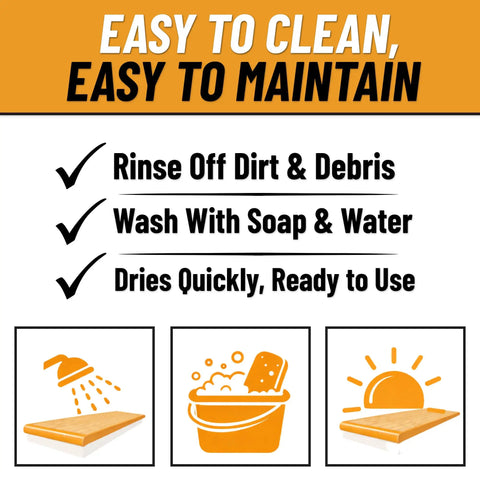 Outdoor Bullnose Stair Treads Heavy Duty Non Slip Mats cleaning instructions with icons for rinsing, washing, and drying.