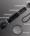 Exploded view of UV Black Light Flashlight Three Pack With 51 LEDs 395nm showing parts like AA battery holder and aluminum alloy body.