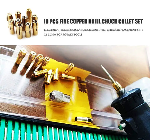 10 Piece Mini Fine Copper Collet Set for Rotary Tool Bits, Go-To Drill Chuck Clamps for Dremel and Other Rotary Tools shown with bits