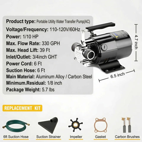 Workhorse 0.1 HP 115V Water Transfer Pump with 6-Foot Hose Kit and accessories on white background