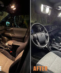 Before and after installation of 6000K White LED Interior Light Kit for Toyota Tundra 2007-2021 showing enhanced cabin lighting.
