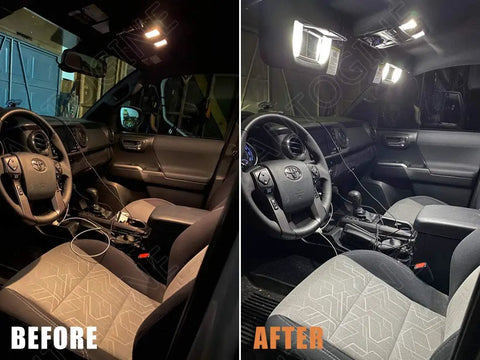Before and after installation of 6000K White LED Interior Light Kit for Toyota Tundra 2007-2021 showing enhanced cabin lighting.
