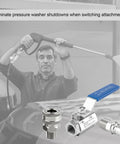 heavy duty hot water ball valve for pressure washer with quick connect and ergonomic grip, shown in use with washer gun and fittings