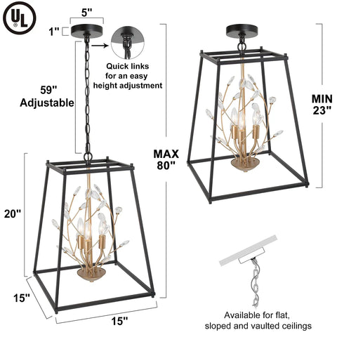 Black And Gold Crystal Farmhouse Chandelier Pendant With Adjustable Chain for bedroom, dining room, or kitchen island, 15 inch diameter.