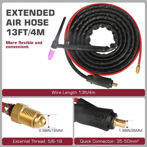 Tig Welding Gun Wp-17V Argon Torch with 13ft air hose and 35-50mm connector, showcasing extended flexible hose.